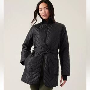 Athleta Mendocino Black Quilted Belted Insulated Coat Ribbed Knit Collar